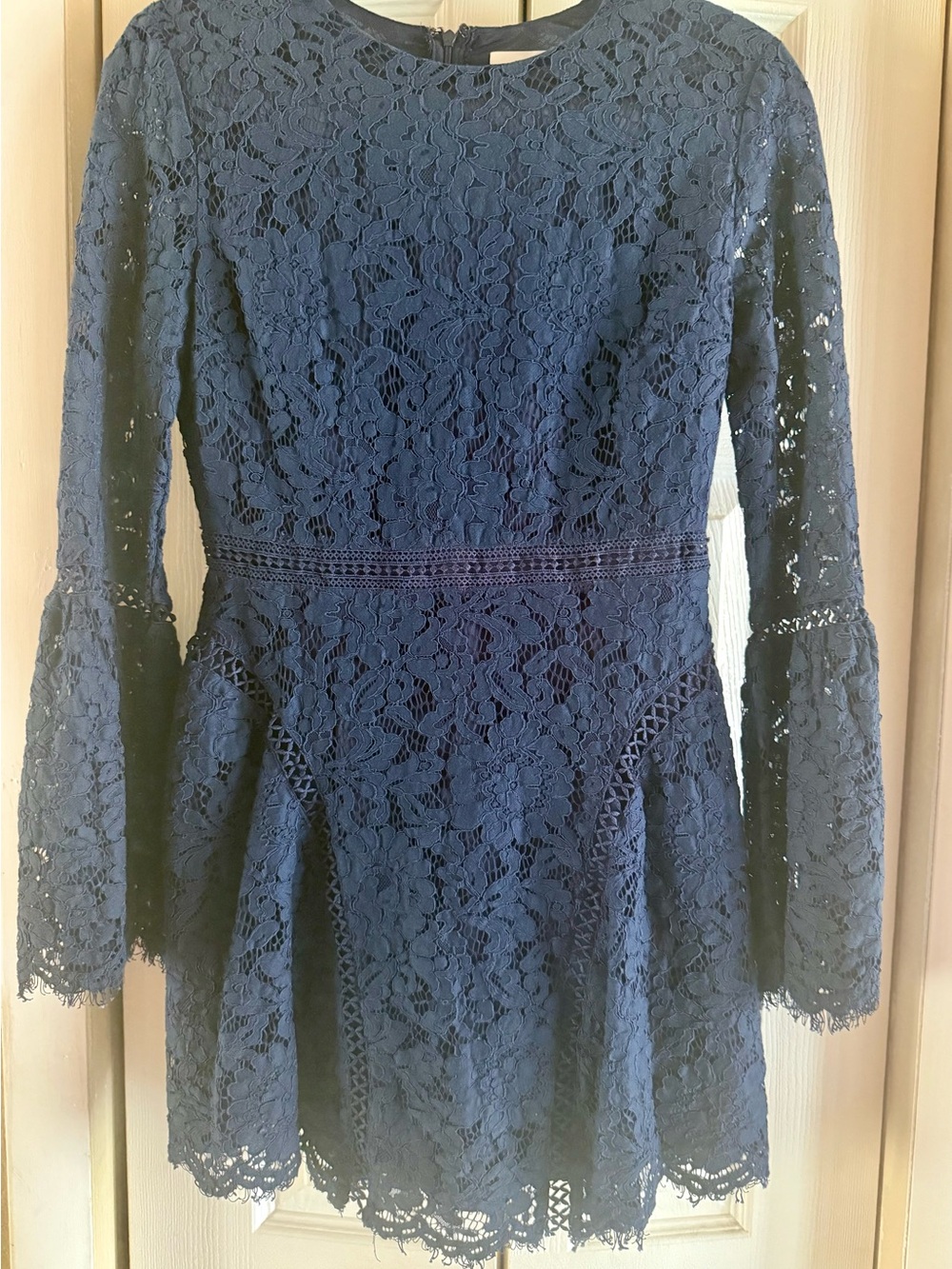 Navy Lace Fit-and-Flare Dress w/ Bell Sleeve